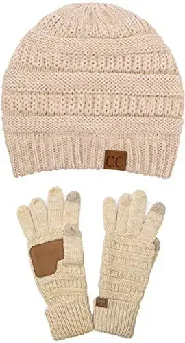 C.C Unisex Soft Stretch Cable Knit Beanie and Anti-Slip Touchscreen Gloves 2 Pc Set - 1
