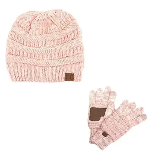 C.C Unisex Soft Stretch Cable Knit Beanie and Anti-Slip Touchscreen Gloves 2 Pc Set 
