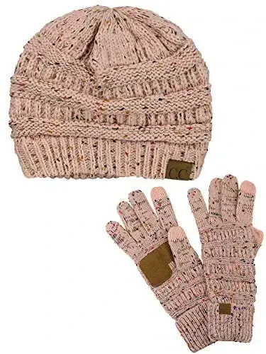 C.C Unisex Soft Stretch Cable Knit Beanie and Anti-Slip Touchscreen Gloves 2 Pc Set 