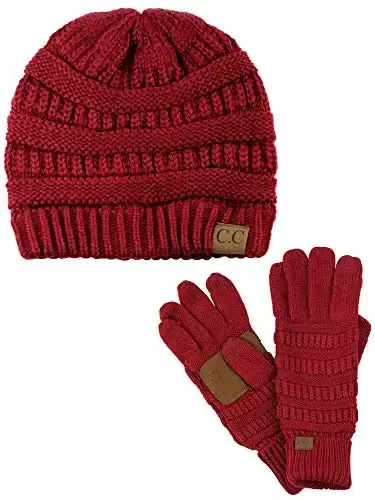 C.C Unisex Soft Stretch Cable Knit Beanie and Anti-Slip Touchscreen Gloves 2 Pc Set 