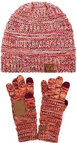 C.C Unisex Soft Stretch Cable Knit Beanie and Anti-Slip Touchscreen Gloves 2 Pc Set - 1