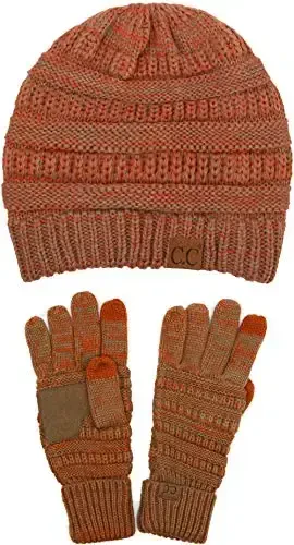 C.C Unisex Soft Stretch Cable Knit Beanie and Anti-Slip Touchscreen Gloves 2 Pc Set - C.C