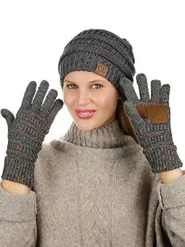 C.C Unisex Soft Stretch Cable Knit Beanie and Anti-Slip Touchscreen Gloves 2 Pc Set - 3