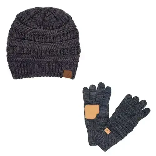 C.C. Unisex Soft Stretch Cable Knit Beanie and Anti-Slip Touchscreen Gloves 2 Pc Set 