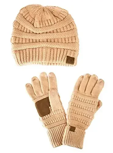C.C Unisex Soft Stretch Cable Knit Beanie and Anti-Slip Touchscreen Gloves 2 Pc Set 