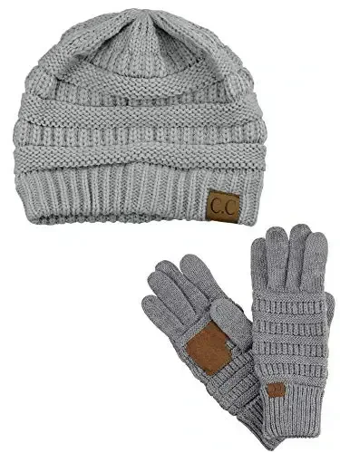 C.C Unisex Soft Stretch Cable Knit Beanie and Anti-Slip Touchscreen Gloves 2 Pc Set 