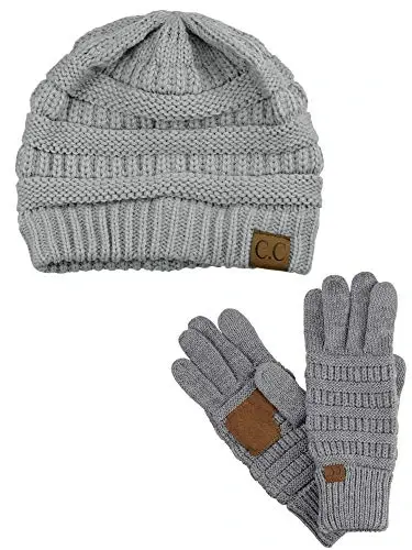 C.C Unisex Soft Stretch Cable Knit Beanie and Anti-Slip Touchscreen Gloves 2 Pc Set - C.C