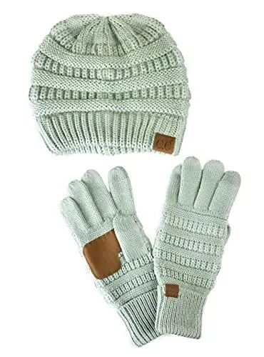 C.C Unisex Soft Stretch Cable Knit Beanie and Anti-Slip Touchscreen Gloves 2 Pc Set - 1