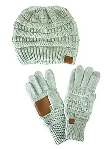 C.C Unisex Soft Stretch Cable Knit Beanie and Anti-Slip Touchscreen Gloves 2 Pc Set - C.C