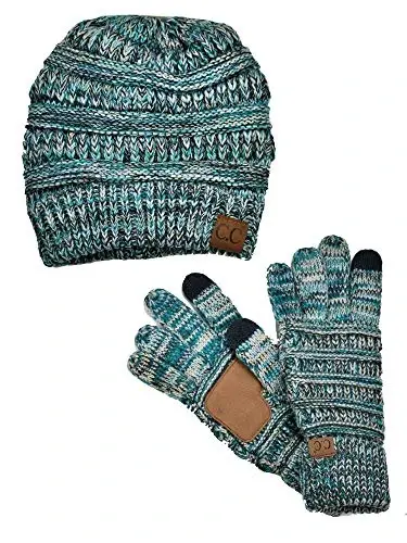 C.C Unisex Soft Stretch Cable Knit Beanie and Anti-Slip Touchscreen Gloves 2 Pc Set - 1