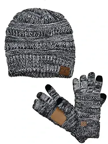 C.C Unisex Soft Stretch Cable Knit Beanie and Anti-Slip Touchscreen Gloves 2 Pc Set - C.C