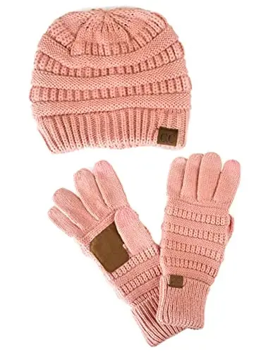 C.C Unisex Soft Stretch Cable Knit Beanie and Anti-Slip Touchscreen Gloves 2 Pc Set - MODAZONE