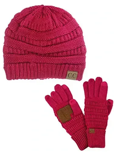 C.C Unisex Soft Stretch Cable Knit Beanie and Anti-Slip Touchscreen Gloves 2 Pc Set 