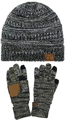 C.C Unisex Soft Stretch Cable Knit Beanie and Anti-Slip Touchscreen Gloves 2 Pc Set - 1