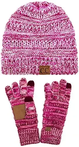 C.C Unisex Soft Stretch Cable Knit Beanie and Anti-Slip Touchscreen Gloves 2 Pc Set - C.C