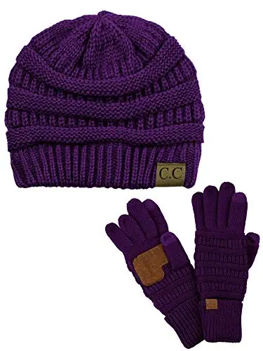 C.C Unisex Soft Stretch Cable Knit Beanie and Anti-Slip Touchscreen Gloves 2 Pc Set - 1