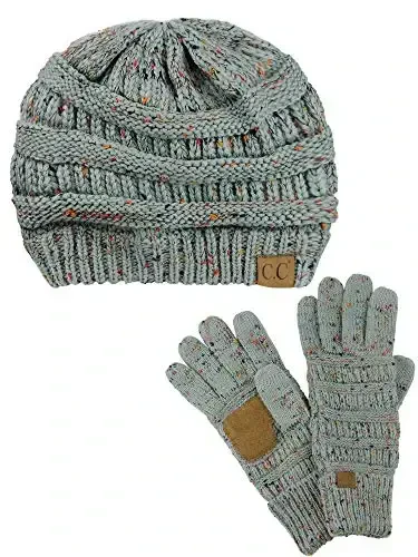C.C Unisex Soft Stretch Cable Knit Beanie and Anti-Slip Touchscreen Gloves 2 Pc Set - C.C