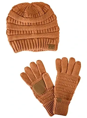 C.C Unisex Soft Stretch Cable Knit Beanie and Anti-Slip Touchscreen Gloves 2 Pc Set - 1