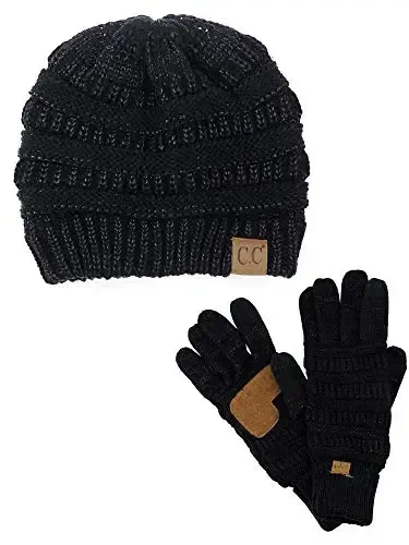 C.C Unisex Soft Stretch Cable Knit Beanie and Anti-Slip Touchscreen Gloves 2 Pc Set 