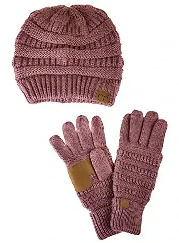 C.C Unisex Soft Stretch Cable Knit Beanie and Anti-Slip Touchscreen Gloves 2 Pc Set 