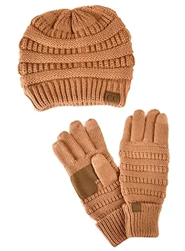 C.C Unisex Soft Stretch Cable Knit Beanie and Anti-Slip Touchscreen Gloves 2 Pc Set - 1