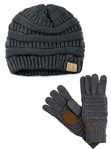 C.C Unisex Soft Stretch Cable Knit Beanie and Anti-Slip Touchscreen Gloves 2 Pc Set - 1