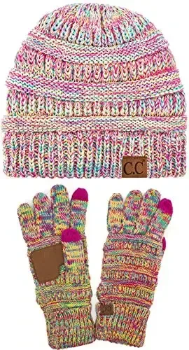 C.C Unisex Soft Stretch Cable Knit Beanie and Anti-Slip Touchscreen Gloves 2 Pc Set 