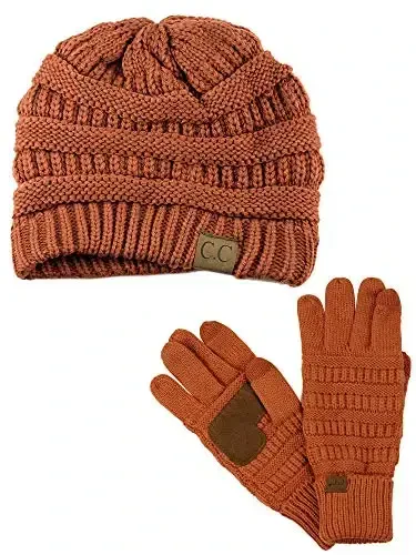 C.C Unisex Soft Stretch Cable Knit Beanie and Anti-Slip Touchscreen Gloves 2 Pc Set - C.C
