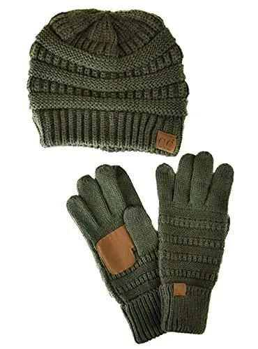C.C Unisex Soft Stretch Cable Knit Beanie and Anti-Slip Touchscreen Gloves 2 Pc Set - 1