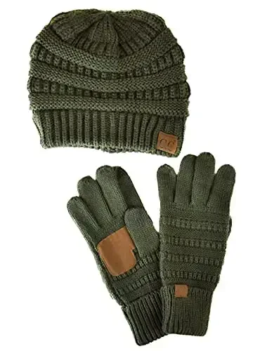C.C Unisex Soft Stretch Cable Knit Beanie and Anti-Slip Touchscreen Gloves 2 Pc Set - 1