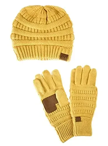 C.C Unisex Soft Stretch Cable Knit Beanie and Anti-Slip Touchscreen Gloves 2 Pc Set - 1