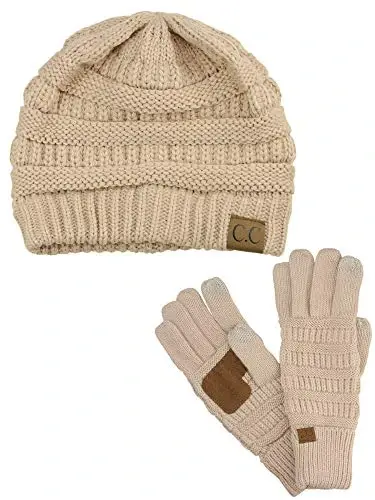 C.C Unisex Soft Stretch Cable Knit Beanie and Anti-Slip Touchscreen Gloves 2 Pc Set - 1