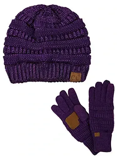 C.C Unisex Soft Stretch Cable Knit Beanie and Anti-Slip Touchscreen Gloves 2 Pc Set - 1