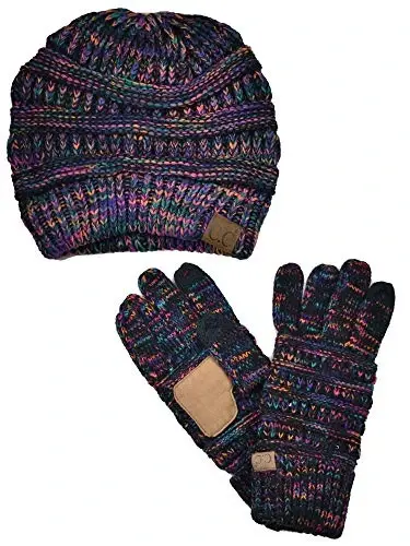C.C Unisex Soft Stretch Cable Knit Beanie and Anti-Slip Touchscreen Gloves 2 Pc Set - 1