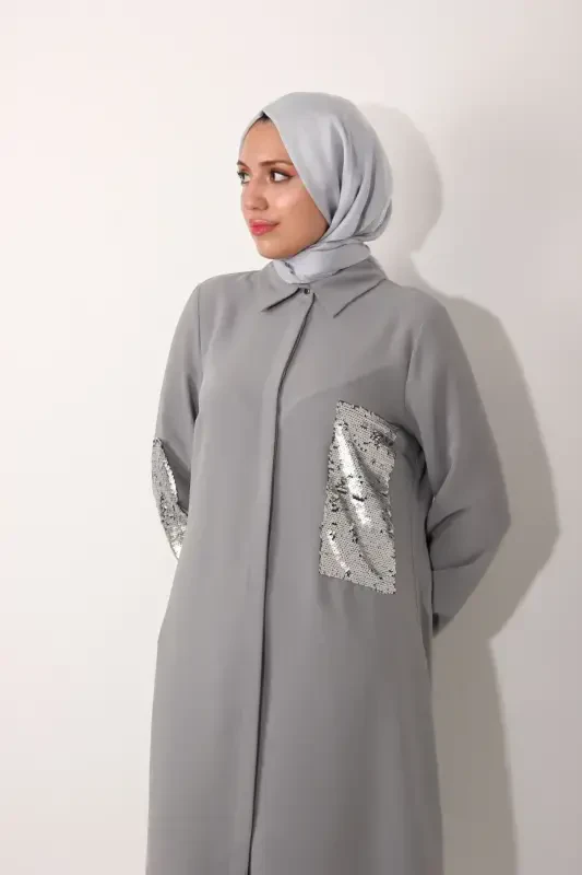 Cebi Ve Kolu Payetli Uzun Tunik-Gri - 4