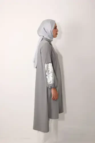 Cebi Ve Kolu Payetli Uzun Tunik-Gri - 6