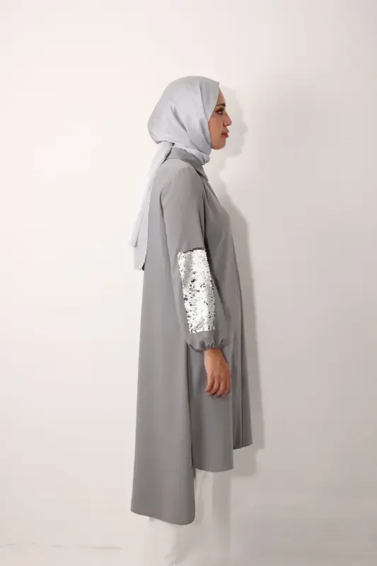 Cebi Ve Kolu Payetli Uzun Tunik-Gri - 6