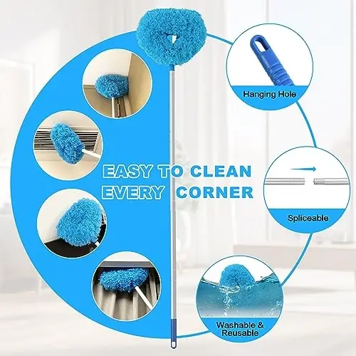Ceiling Fan Cleaner Duster Reusable Microfiber Ceiling Fan Blade Cleaner Removable Duster with Extension Pole Adjusts 13 to 49.7 Inch for Cleaning Walls Bookshelves Furniture Door Window Top (Blue) - 3