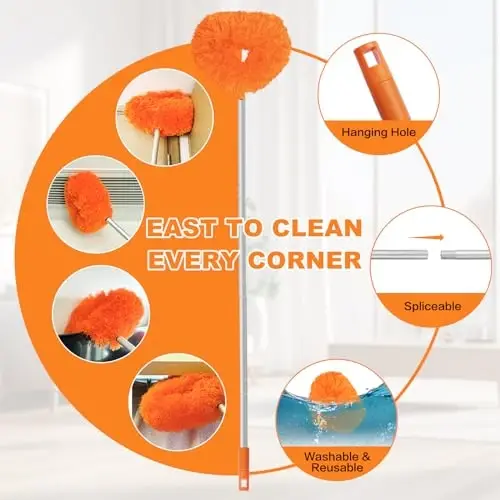 Ceiling Fan Cleaner Duster Reusable Microfiber Ceiling Fan Blade Cleaner Removable Duster with Extension Pole Adjusts 13 to 49.7 Inch for Cleaning Walls Bookshelves Furniture Door Window Top (Orange) - 3