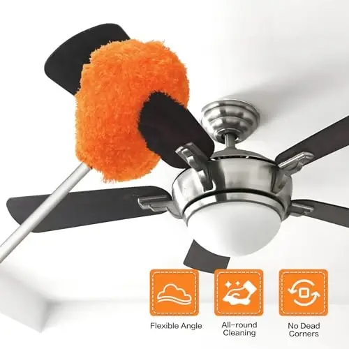 Ceiling Fan Cleaner Duster Reusable Microfiber Ceiling Fan Blade Cleaner Removable Duster with Extension Pole Adjusts 13 to 49.7 Inch for Cleaning Walls Bookshelves Furniture Door Window Top (Orange) - HEONAY (1)