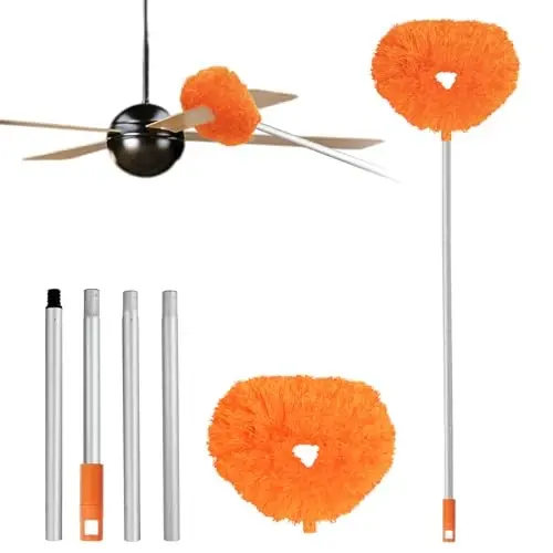 Ceiling Fan Cleaner Duster Reusable Microfiber Ceiling Fan Blade Cleaner Removable Duster with Extension Pole Adjusts 13 to 49.7 Inch for Cleaning Walls Bookshelves Furniture Door Window Top (Orange) - HEONAY