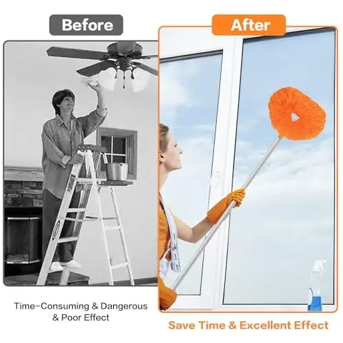 Ceiling Fan Cleaner Duster Reusable Microfiber Ceiling Fan Blade Cleaner Removable Duster with Extension Pole Adjusts 13 to 49.7 Inch for Cleaning Walls Bookshelves Furniture Door Window Top (Orange) - 5