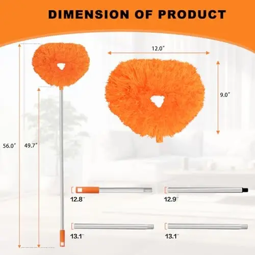 Ceiling Fan Cleaner Duster Reusable Microfiber Ceiling Fan Blade Cleaner Removable Duster with Extension Pole Adjusts 13 to 49.7 Inch for Cleaning Walls Bookshelves Furniture Door Window Top (Orange) - 6