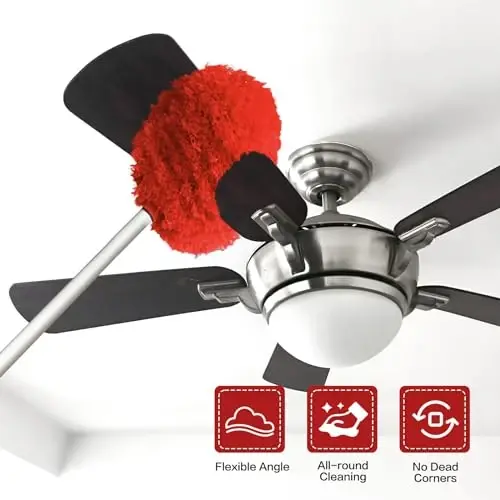 Ceiling Fan Cleaner Duster Reusable Microfiber Ceiling Fan Blade Cleaner Removable Duster with Extension Pole Adjusts 13 to 49.7 Inch for Cleaning Walls Bookshelves Furniture Door Window Top (Red) - 2