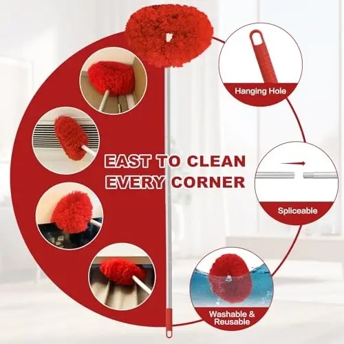 Ceiling Fan Cleaner Duster Reusable Microfiber Ceiling Fan Blade Cleaner Removable Duster with Extension Pole Adjusts 13 to 49.7 Inch for Cleaning Walls Bookshelves Furniture Door Window Top (Red) - 3