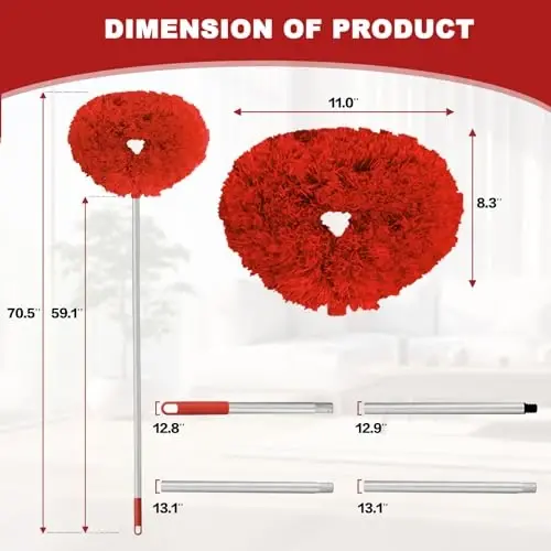 Ceiling Fan Cleaner Duster Reusable Microfiber Ceiling Fan Blade Cleaner Removable Duster with Extension Pole Adjusts 13 to 49.7 Inch for Cleaning Walls Bookshelves Furniture Door Window Top (Red) - 6