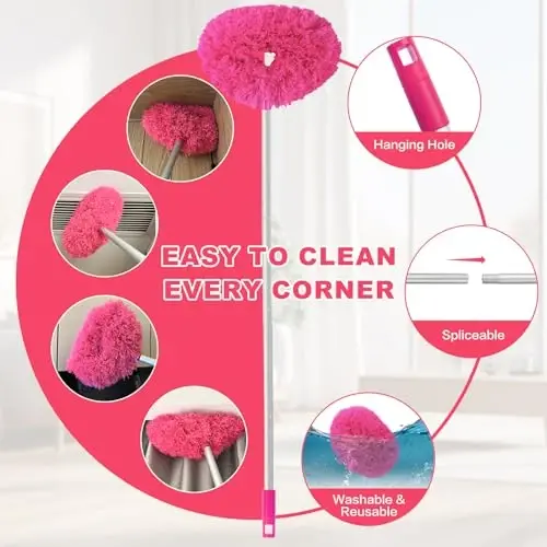 Ceiling Fan Cleaner Duster Reusable Microfiber Ceiling Fan Blade Cleaner Removable Duster with Extension Pole Adjusts 13 to 49.7 Inch for Cleaning Walls Bookshelves Furniture Door Window Top (Rosy) - 3