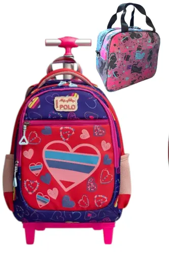 çekçekli ilk okul çantası beslenme takımlı ısı yalıtımlı ikili takım çok gözlü-Çok Renkli kalpli - 1