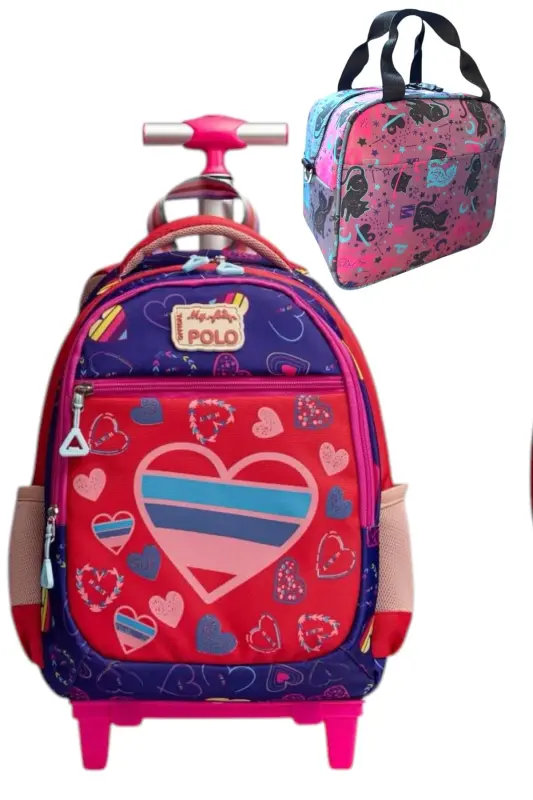 çekçekli ilk okul çantası beslenme takımlı ısı yalıtımlı ikili takım çok gözlü-Çok Renkli kalpli - 1