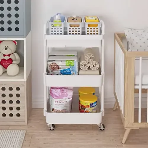 Calmootey 3-Tier Rolling Utility Cart with Drawer,Multifunctional Storage Organizer with Plastic Shelf & Metal Wheels,Storage Cart for Kitchen,Bathroom,Living Room,Office,White - 3